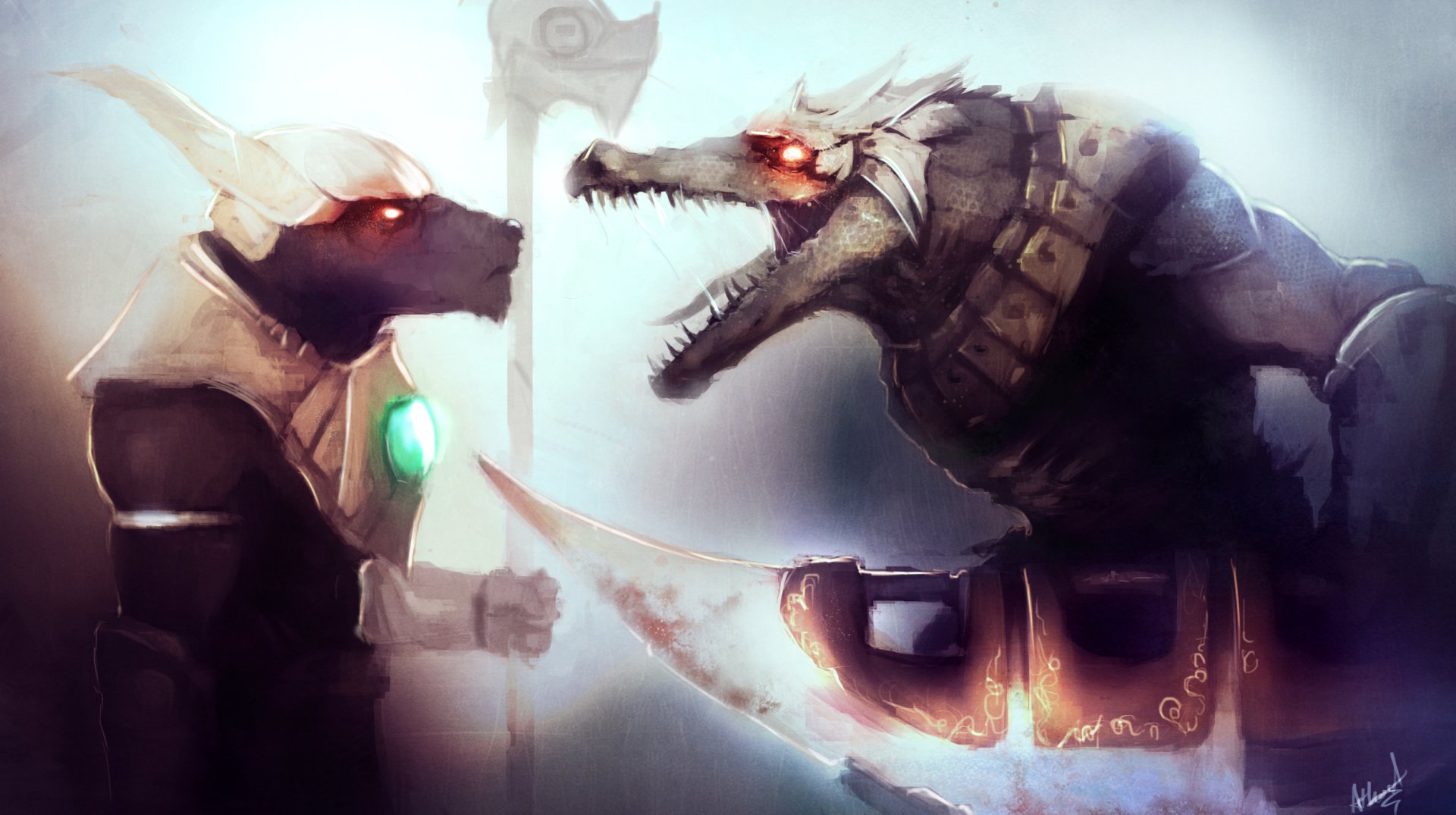 HD PC desktop wallpaper featuring Nasus and Renekton from the video game League of Legends in a dramatic confrontation.