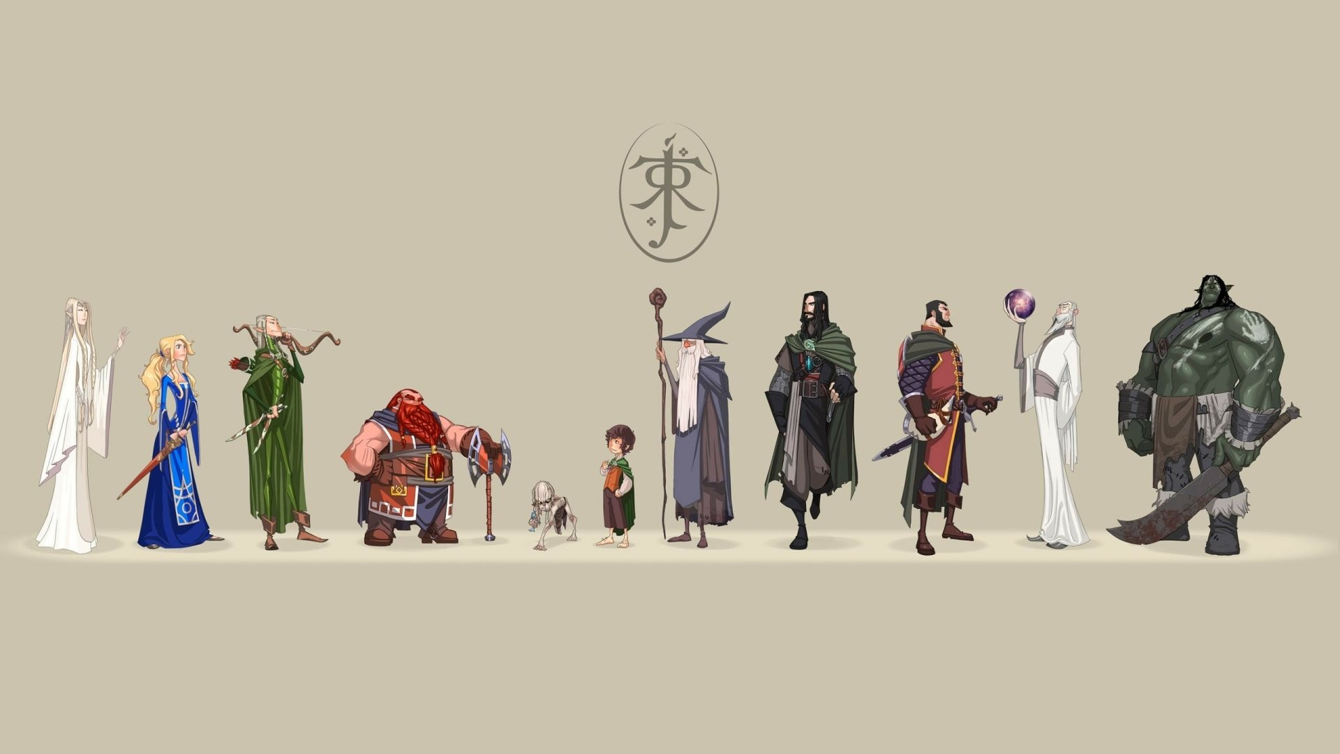 HD PC desktop wallpaper featuring a humorous lineup of stylized characters from The Lord of the Rings, showcasing their distinct personalities in a playful design.