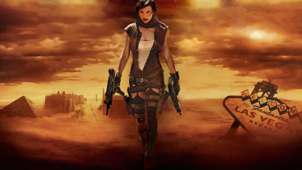 Milla Jovovich stars in this striking HD wallpaper from Resident Evil: Extinction, featuring her in a desolate landscape with an iconic Las Vegas sign in the background.