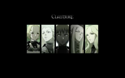 HD PC desktop wallpaper of Claymore anime: five Claymore warriors in narrow vertical panels against a black background, with the Claymore title centered above.