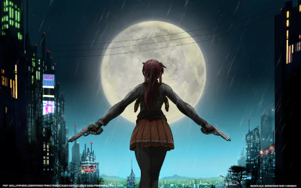 Revy from Black Lagoon stands confidently with guns drawn against a backdrop of a moonlit cityscape, embodying the action spirit of the anime. An HD desktop wallpaper capturing her fierce character.