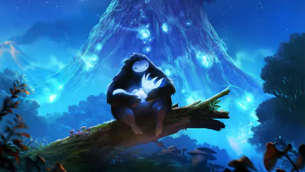 HD wallpaper from Ori and the Blind Forest featuring a guardian holding Ori in a mystical forest scene.
