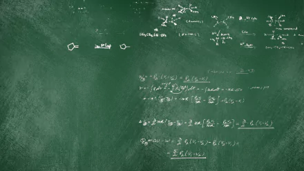 HD desktop wallpaper featuring a chalkboard covered with complex mathematical equations and formulas, in a green and white chalk style.