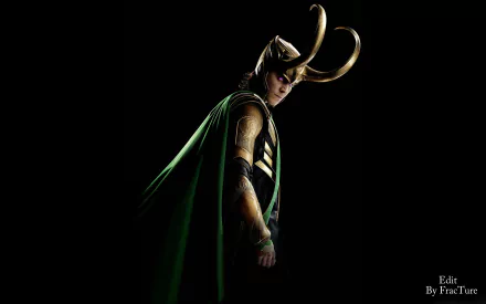 HD desktop wallpaper featuring Tom Hiddleston as Loki from Marvel's The Avengers movie, showcasing the character in his iconic green and gold costume. Image tagged 'Edit By FracTune'.