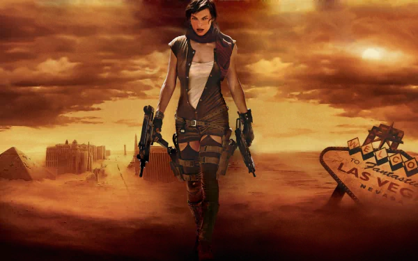 Milla Jovovich stars in this striking HD wallpaper from Resident Evil: Extinction, featuring her in a desolate landscape with an iconic Las Vegas sign in the background.