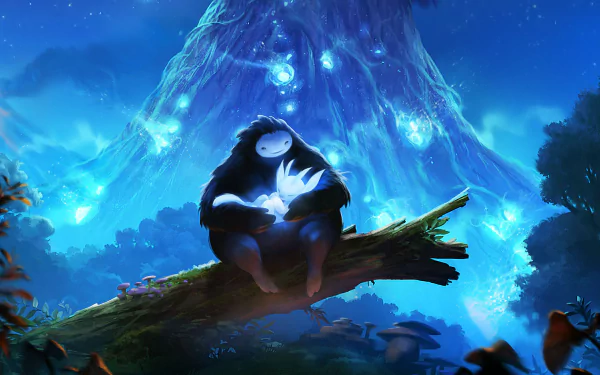 HD wallpaper from Ori and the Blind Forest featuring a guardian holding Ori in a mystical forest scene.