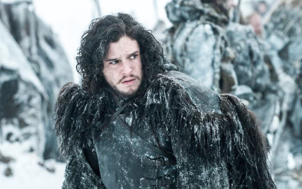 HD PC desktop wallpaper featuring Jon Snow from the TV show Game of Thrones, dressed in black fur with a snowy battlefield background.