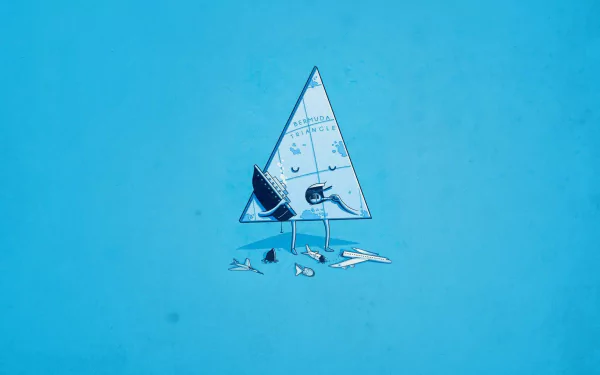 Minimalist blue HD PC desktop wallpaper and background: a simple, funny triangular paper-sail character with map texture and tiny legs among folded paper planes on solid blue.