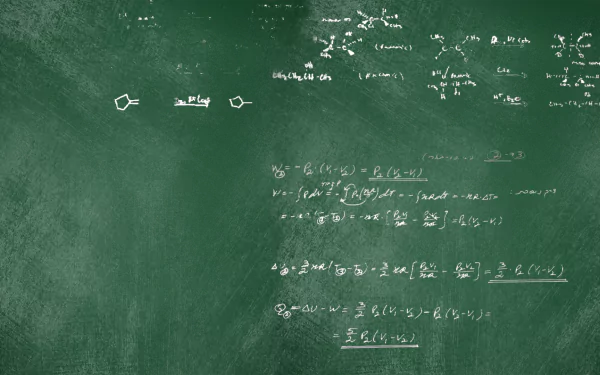 HD desktop wallpaper featuring a chalkboard covered with complex mathematical equations and formulas, in a green and white chalk style.