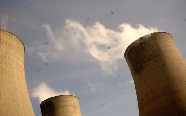 A dramatic view of cooling towers at a power plant, with steam rising against a blue sky, creating a striking HD wallpaper for desktop backgrounds.