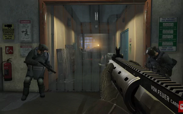 HD PC wallpaper from Grand Theft Auto V showing a tense heist scene with armed characters in tactical gear inside a dimly lit industrial setting.