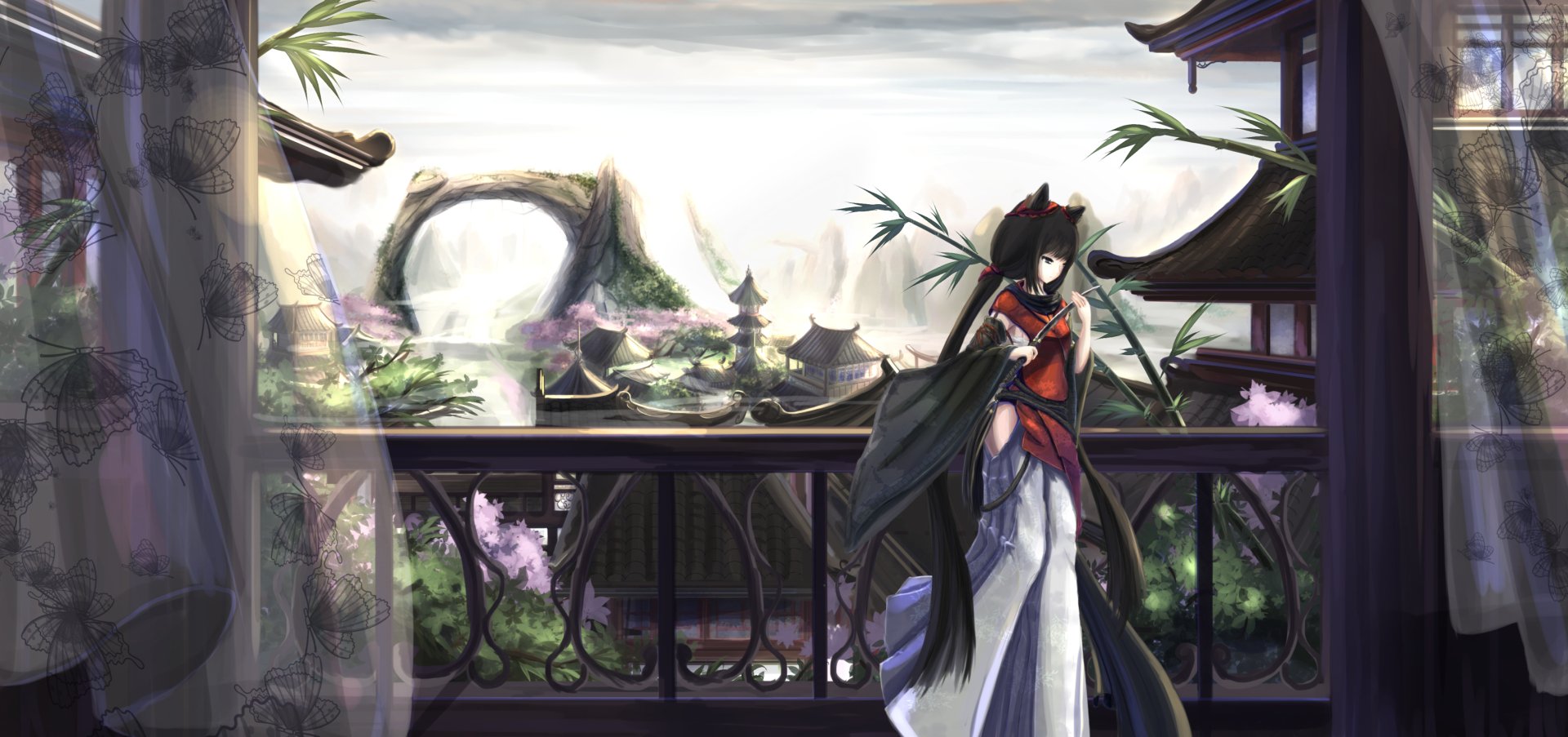A serene anime landscape featuring a character with a blade on a terrace, overlooking a picturesque Chinese setting filled with traditional architecture and lush greenery.