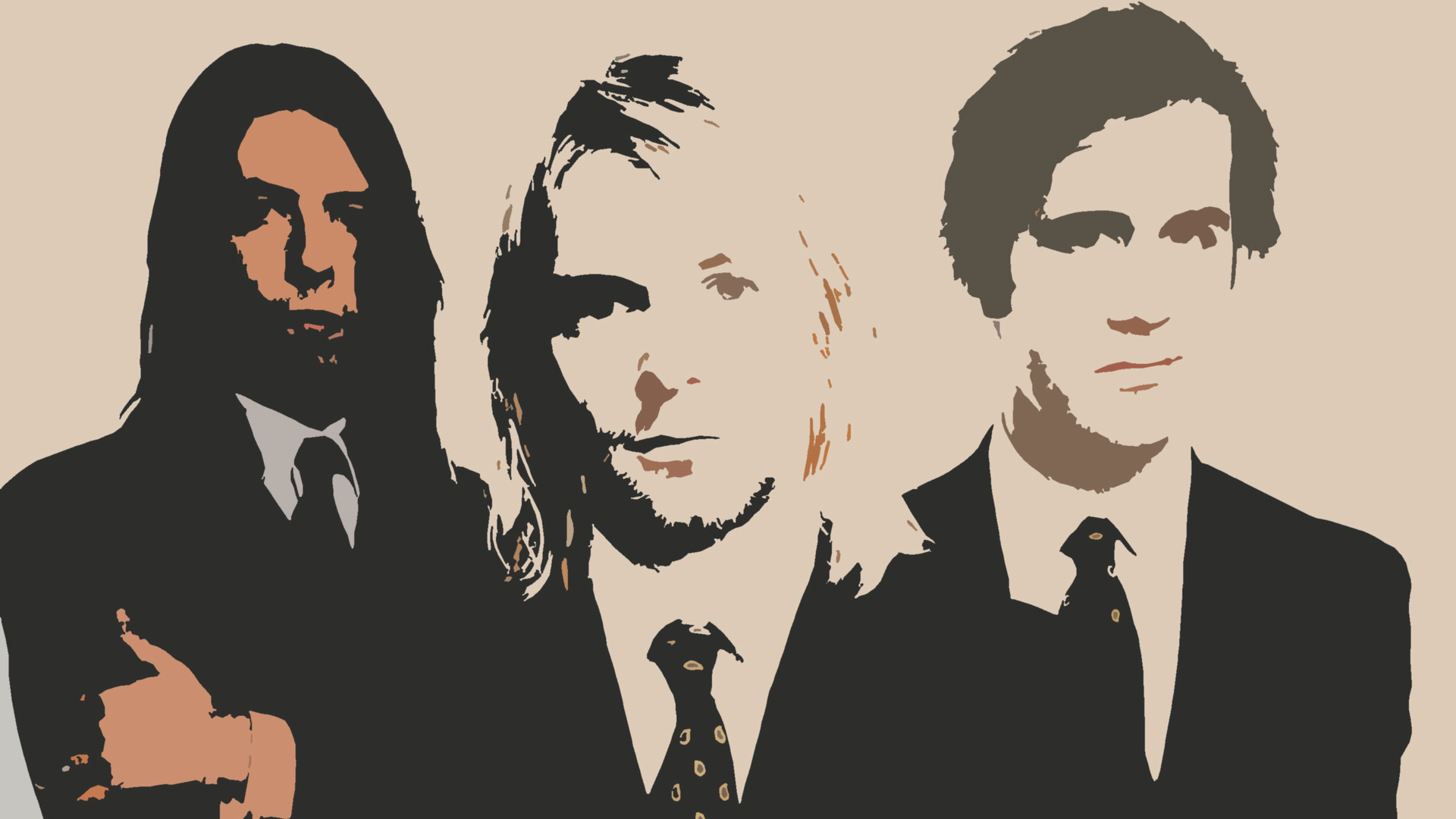 HD PC desktop wallpaper: stylized, high-contrast grunge portrait of three musicians — Nirvana-inspired music artwork.