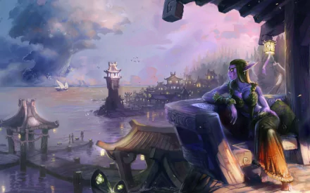 A tranquil scene from World of Warcraft featuring an elegant character overlooking a harbor at sunset, with vivid colors and intricate details, making it a stunning HD desktop wallpaper.