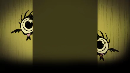 HD PC desktop wallpaper from the video game Don't Starve featuring two large-eyed creatures peeking from opposite sides of a dimly lit wooden wall.