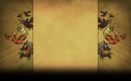 HD PC desktop wallpaper featuring characters and creatures from the video game Don't Starve, set against a textured parchment background.