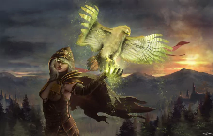 A fierce woman warrior conjures magic, with an ethereal hawk soaring beside her against a breathtaking fantasy landscape, showcasing vibrant colors and dramatic lighting.