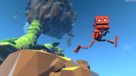 HD wallpaper featuring a red robot from Grow Home game, amidst vibrant floating islands on a clear sky background.
