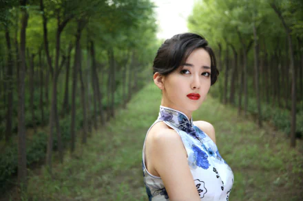 A stunning Chinese woman, Hú Yǐng Yí, poses gracefully amidst a lush green forest, showcasing elegance in her floral-patterned dress. This vibrant image serves as a captivating 4K Ultra HD background.