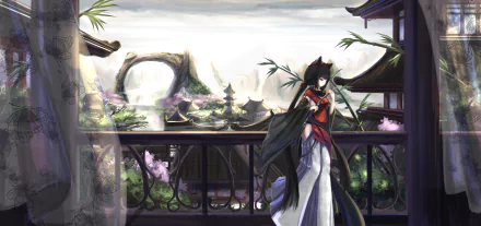 A serene anime landscape featuring a character with a blade on a terrace, overlooking a picturesque Chinese setting filled with traditional architecture and lush greenery.