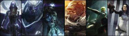 HD PC desktop wallpaper featuring close-up portraits of Mass Effect 2 characters: Grunt, Tali'Zorah, Legion, Thane Krios, Miranda Lawson and Garrus Vakarian in dramatic lighting.