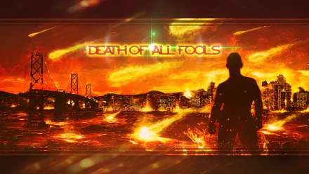 A fiery apocalyptic cityscape with meteors falling, showcasing a silhouette against a backdrop of destruction and chaos, titled Death of All Fools. 4K Ultra HD quality.