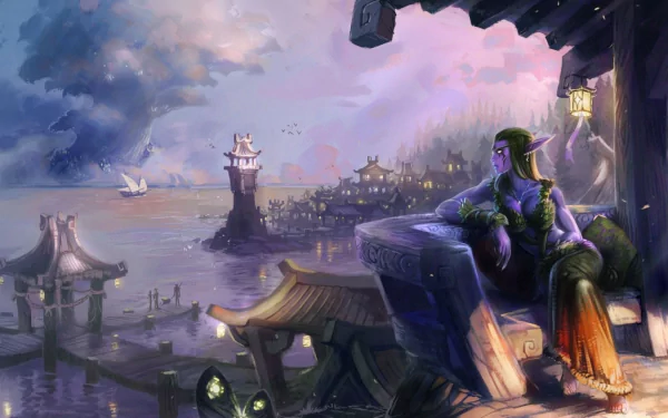 A tranquil scene from World of Warcraft featuring an elegant character overlooking a harbor at sunset, with vivid colors and intricate details, making it a stunning HD desktop wallpaper.