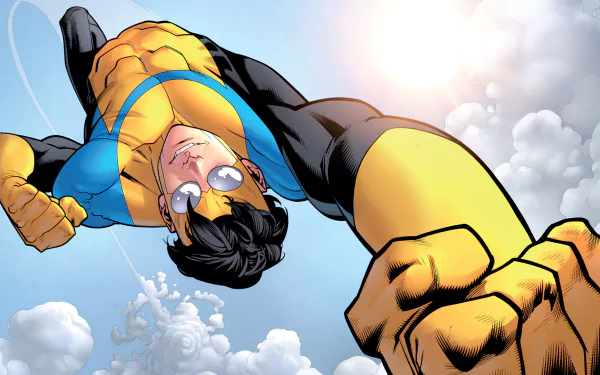 HD desktop wallpaper featuring Invincible from Image Comics soaring through a bright sky with clouds, showcasing dynamic comic-style artwork.