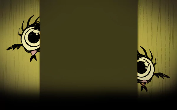 HD PC desktop wallpaper from the video game Don't Starve featuring two large-eyed creatures peeking from opposite sides of a dimly lit wooden wall.