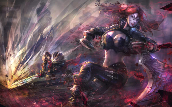 A dynamic 4K Ultra HD wallpaper featuring Garen and Katarina from League of Legends, showcasing intense action and vivid colors in a dramatic fantasy setting.
