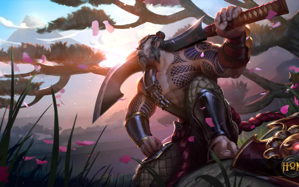 HD PC desktop wallpaper featuring a warrior character from the video game Heroes of Newerth, set against a scenic background with cherry blossom petals.