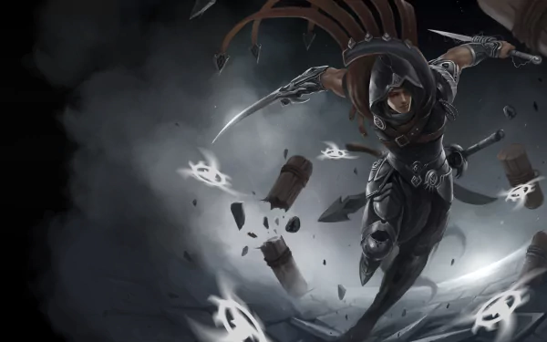HD wallpaper featuring Talon from League of Legends, depicted in an action pose amidst swirling debris and shuriken, exuding a dark and intense atmosphere.