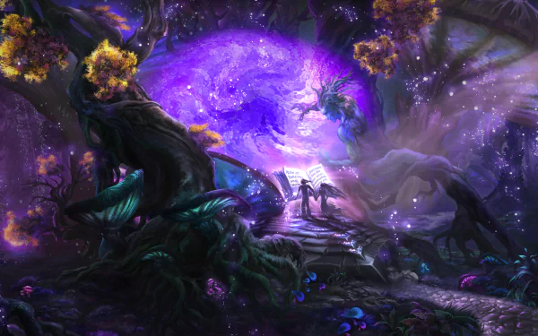 HD desktop wallpaper depicting a fantasy scene with a magical underwater portal, vibrant trees, and mystical figures in a dreamlike setting.