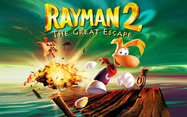 HD PC desktop wallpaper featuring Rayman from the video game Rayman 2: The Great Escape, set against a dynamic, colorful background with an explosion and pirate ship elements.