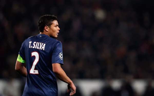 Thiago Silva, Brazilian defender for Paris Saint-Germain F.C., captured in action during a match, featured in a 4K Ultra HD desktop wallpaper.