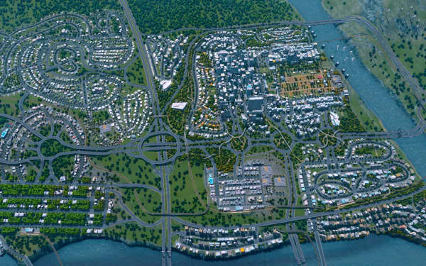 HD desktop wallpaper featuring an intricate Cities: Skylines game cityscape with rivers and roadways.