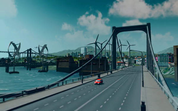HD wallpaper from Cities: Skylines featuring a bridge with a car, wind turbines, and cityscape in the background.