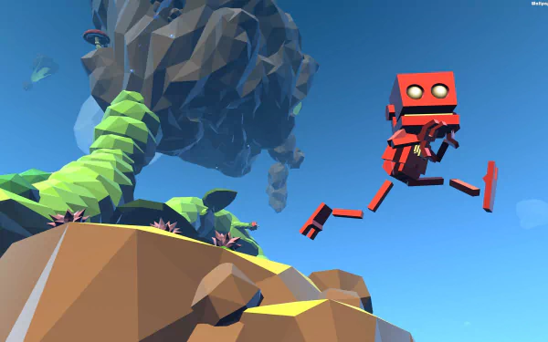 HD wallpaper featuring a red robot from Grow Home game, amidst vibrant floating islands on a clear sky background.