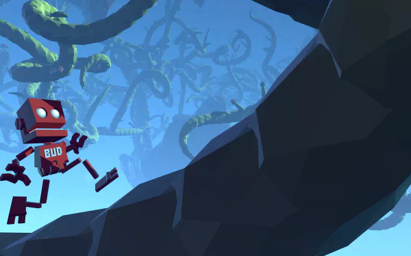 HD desktop wallpaper of Grow Home featuring BUD against a backdrop of large plant structures.