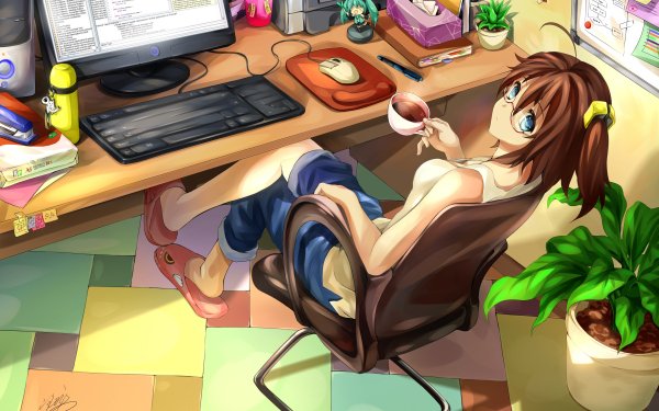 Anime Vocaloid Hatsune Miku Desk Computer Coffee Chair Glasses HD Wallpaper | Background Image