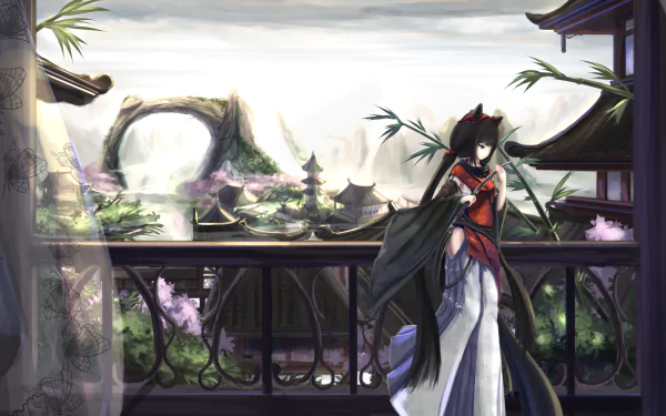 A serene anime landscape featuring a character with a blade on a terrace, overlooking a picturesque Chinese setting filled with traditional architecture and lush greenery.