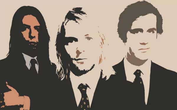 HD PC desktop wallpaper: stylized, high-contrast grunge portrait of three musicians — Nirvana-inspired music artwork.