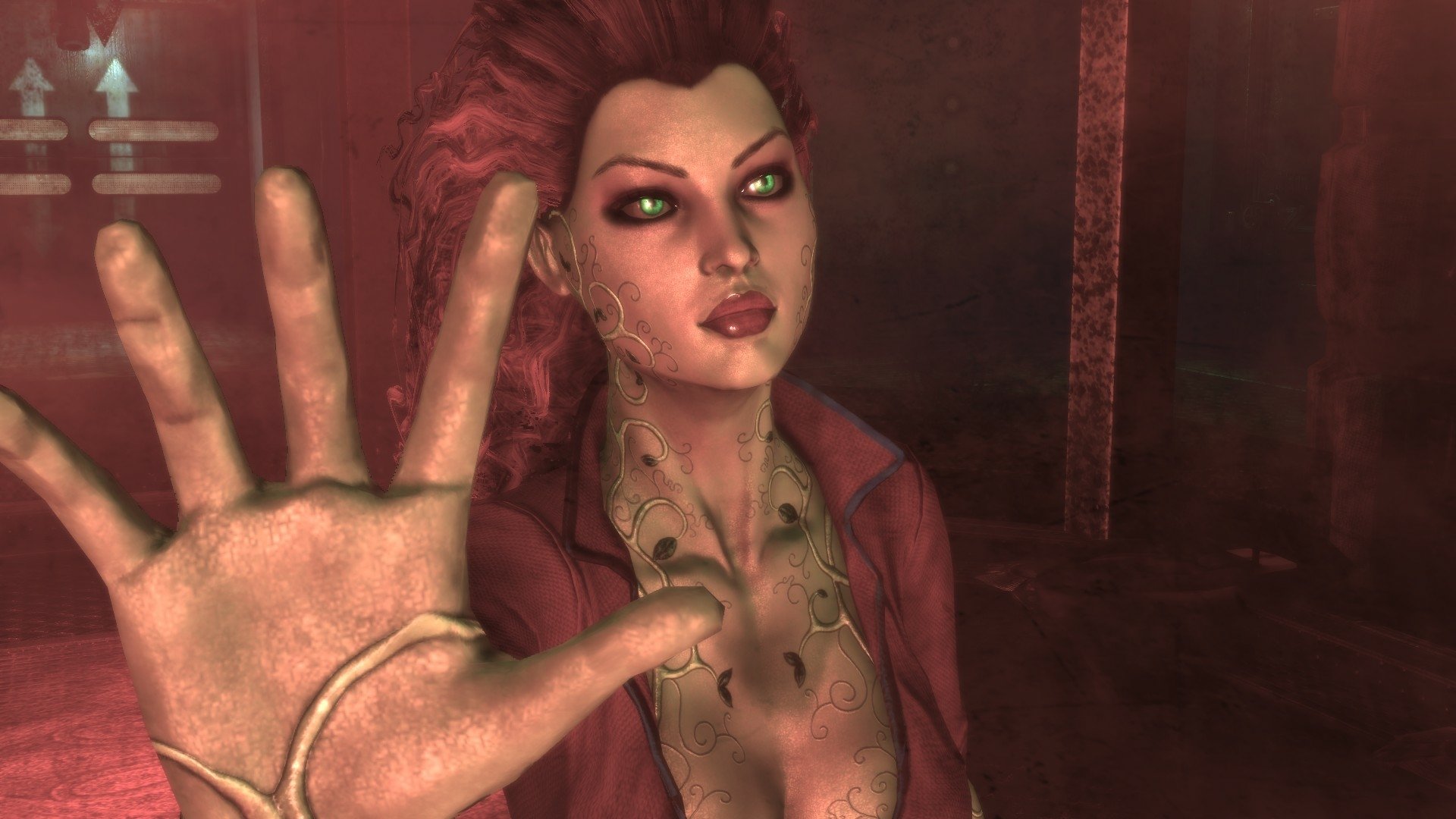 Poison Ivy from the Batman: Arkham Asylum video game, close-up reaching toward the viewer with glowing green eyes and vine markings — HD PC desktop wallpaper/background.