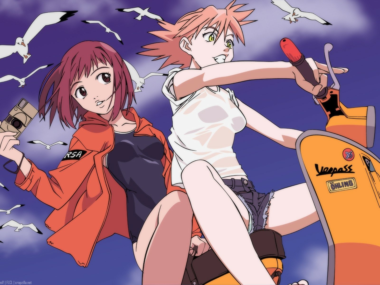 HD anime desktop wallpaper featuring FLCL characters riding a scooter against a blue sky with seagulls, capturing dynamic motion and vibrant colors.