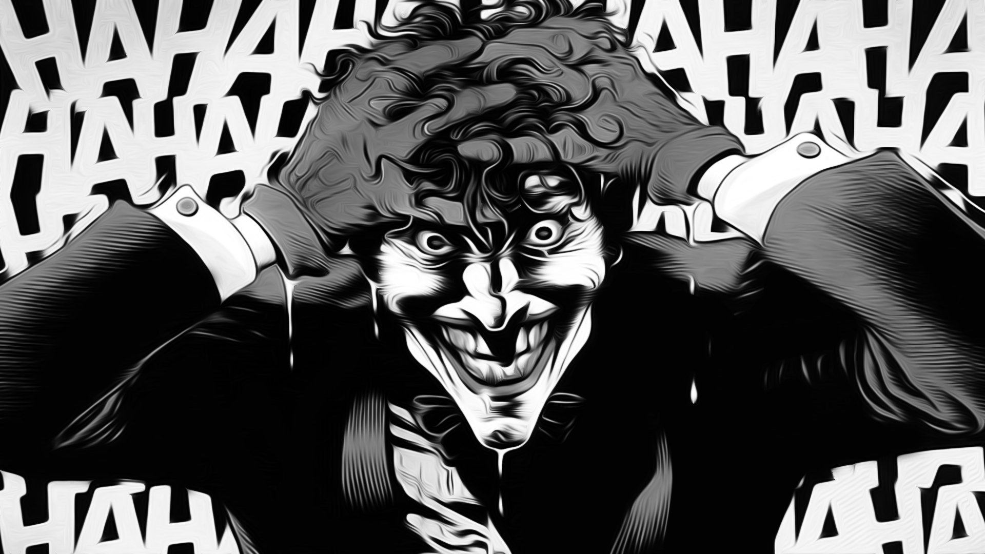 A striking black-and-white HD wallpaper featuring the Joker from *Batman: The Killing Joke*, showcasing his manic expression against a backdrop of laughter.
