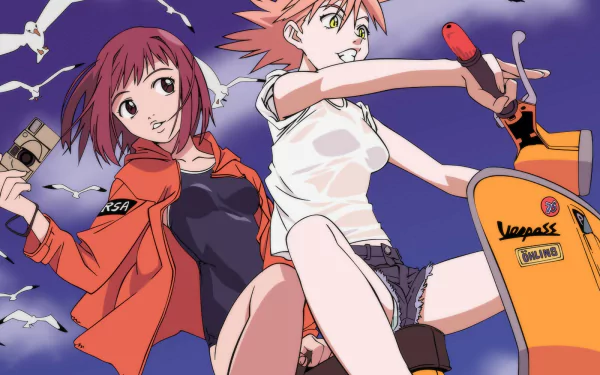 HD anime desktop wallpaper featuring FLCL characters riding a scooter against a blue sky with seagulls, capturing dynamic motion and vibrant colors.