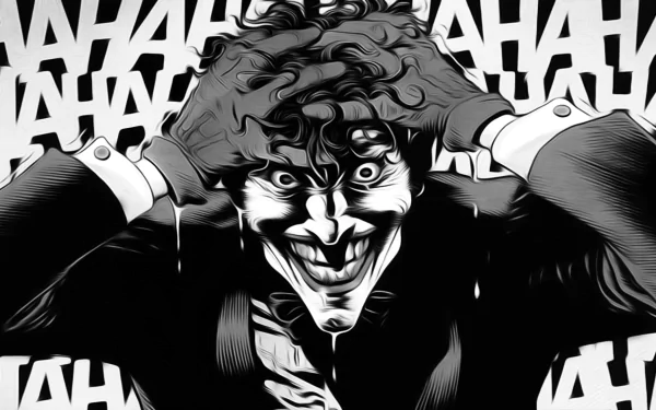 A striking black-and-white HD wallpaper featuring the Joker from *Batman: The Killing Joke*, showcasing his manic expression against a backdrop of laughter.