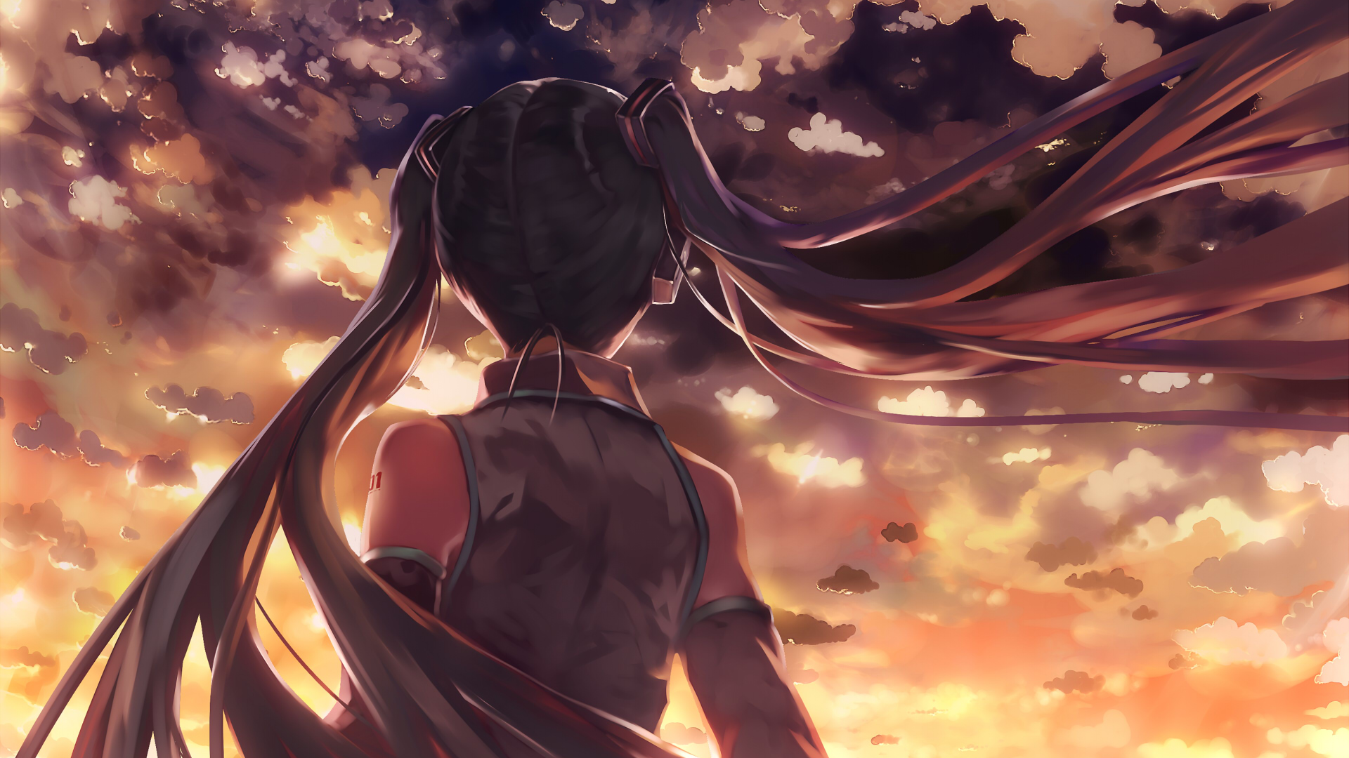 Hatsune Miku gazes at a stunning sunrise, surrounded by colorful clouds in the sky. This captivating image serves as an HD wallpaper and background for fans of anime and Vocaloid.