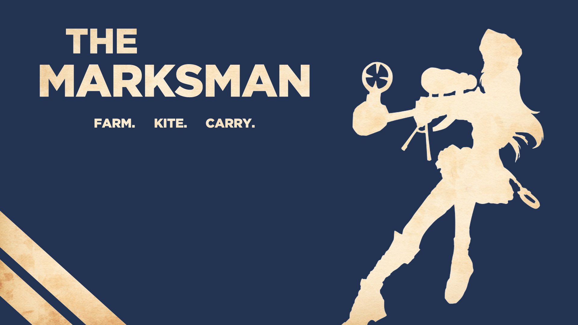 HD PC desktop background of Caitlyn (League Of Legends): cream silhouette with rifle on a navy field, THE MARKSMAN title — video game League Of Legends wallpaper.