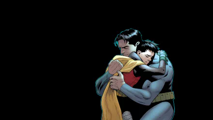 Comic HD desktop wallpaper showing Batman (Bruce Wayne) embracing his son Damian Wayne (Robin) in a tender comic scene from Damian: Son of Batman.